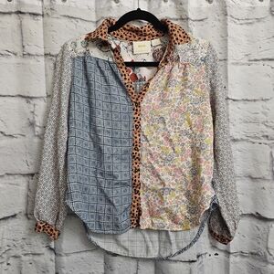 Anthropologie Maeve Bernadette Mixed Print Button Down Blouse Patchwork Size XS